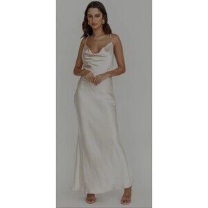 SELFIE LESLIE Danijela Cowl Neck Sz M Pearl Maxi Dress Champagne NWT READ